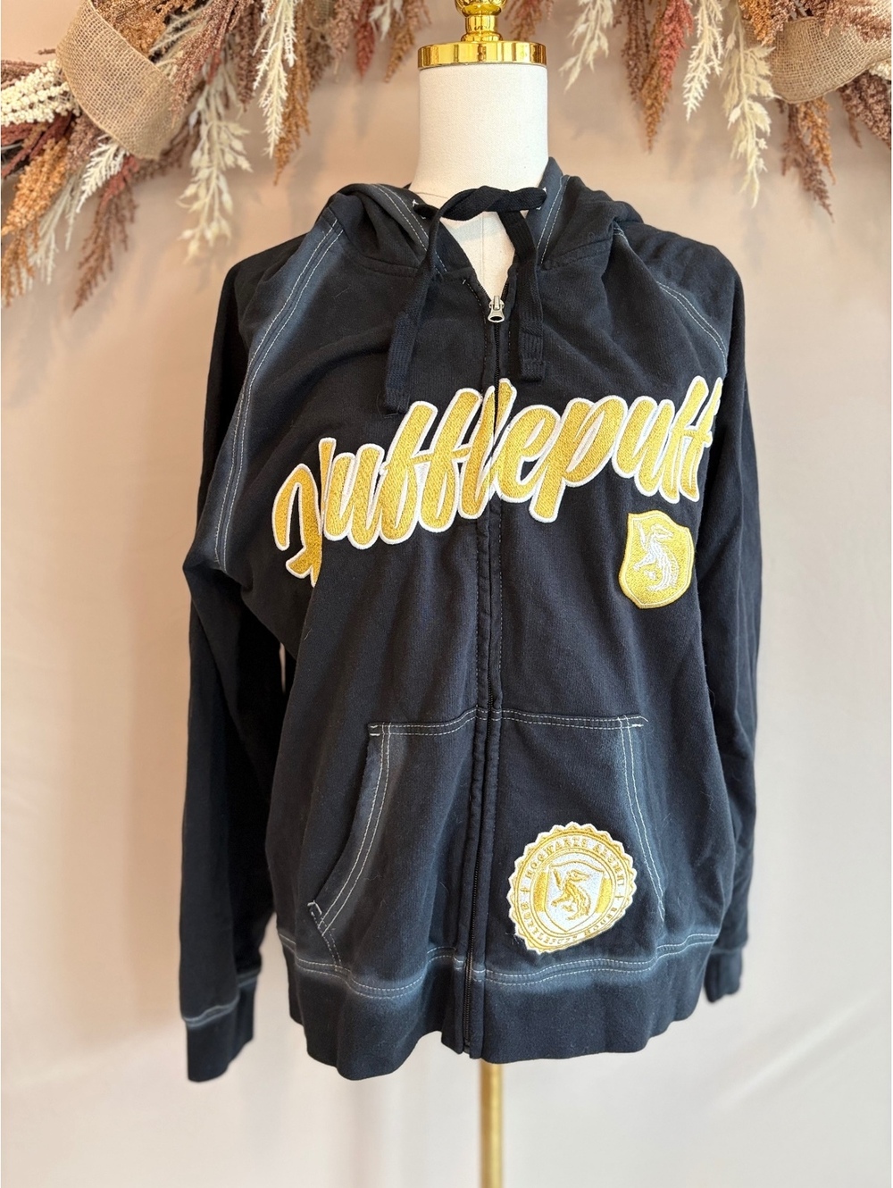 Harry Potter Potter Huff Varsity Zip Hoodie Black Small Cotton